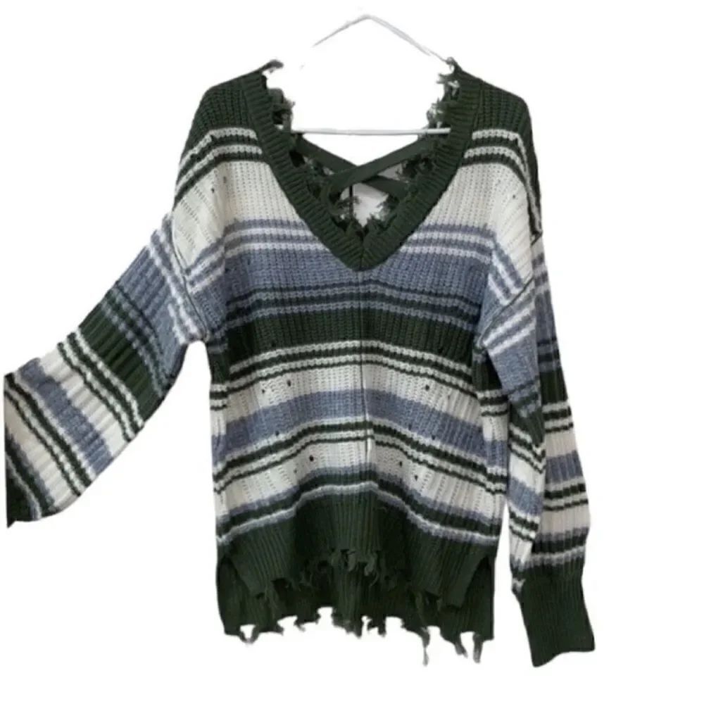 Rue21 Striped Distressed Green & White Sweater(Size Small)